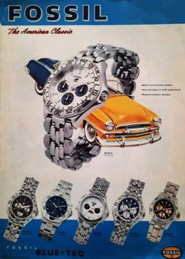 Zeldzame vintage Fossil horloge brochure The American Classic / Blue Teq