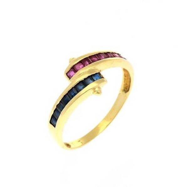 Prachtige 14k gouden slagring met baguette robijn en saffier (34)