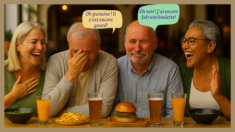 Four adults sharing a humorous moment at a French-style dinner table — playful language mistake in speech bubbles.