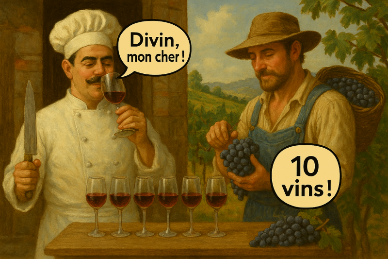 A chef tastes a glass of wine in front of a table with ten bottles lined up. He says “Hmm… divine, my dear!”.
