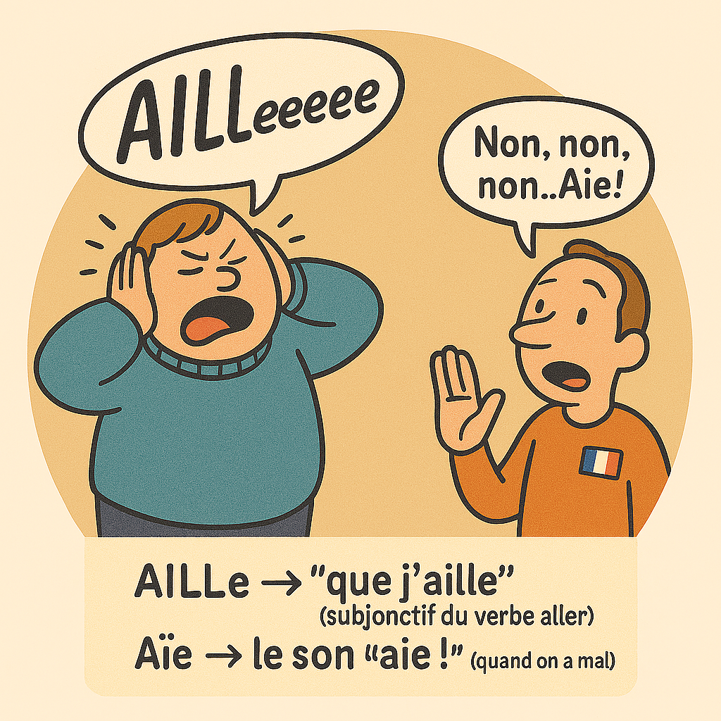 Cartoon illustration showing two characters confusing the French words “aille” and “aïe”, with speech bubbles and explanatory captions.