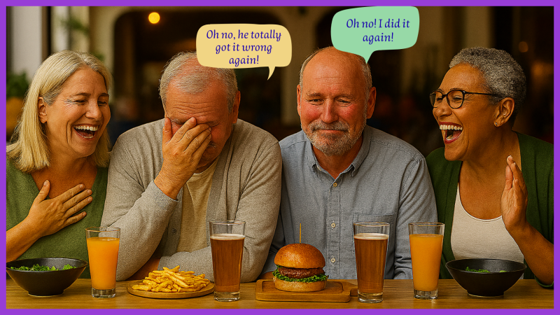 Four adults sharing a humorous moment at a French-style dinner table — playful language mistake in speech bubbles.