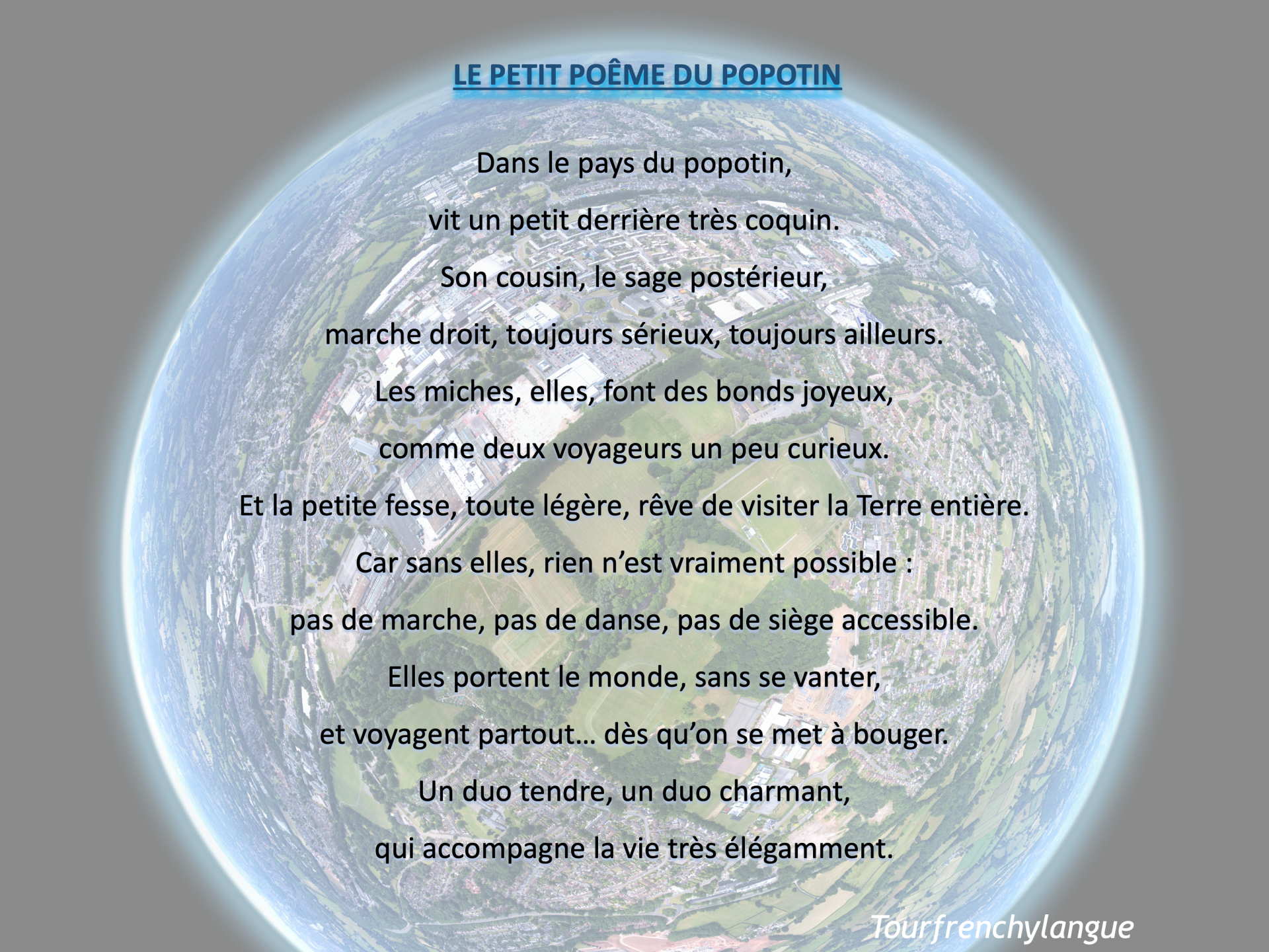 Illustration of a small spherical landscape resembling a tiny planet, used as a background for a poem displayed on the webpage.