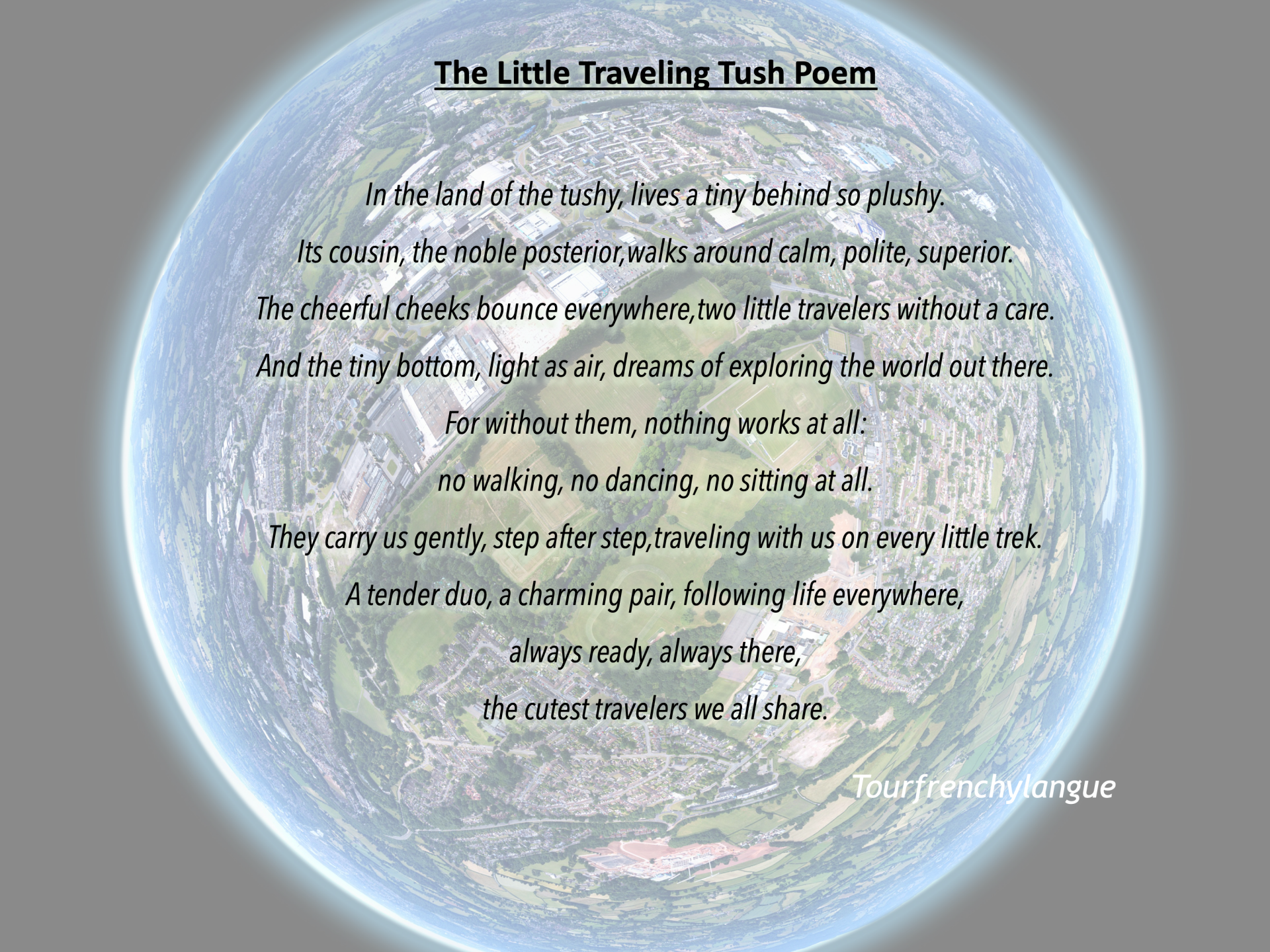 Illustration of a small spherical landscape resembling a tiny planet, used as a background for a poem displayed on the webpage.