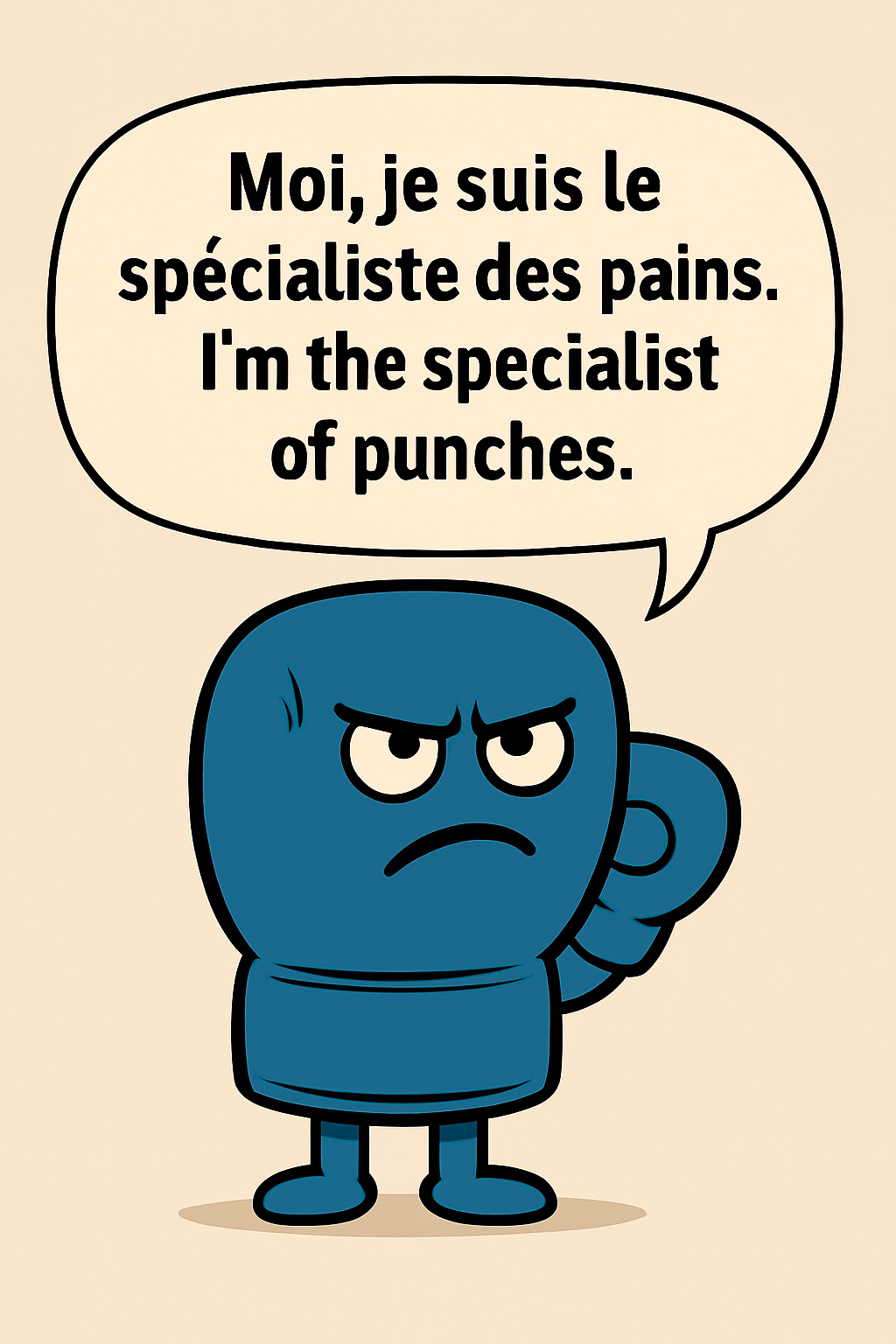 A cartoon character receives a light, playful punch with a boxing  blue glove and the sound “Paf!”, without any realistic violence.