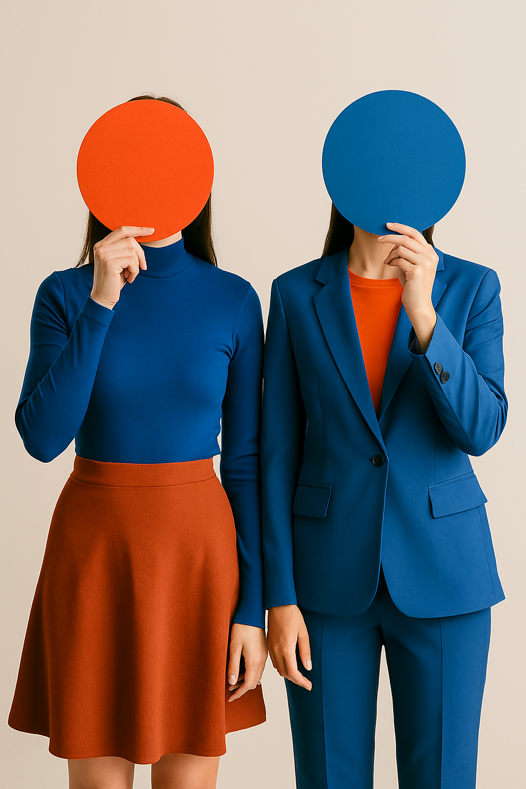 Two women standing side by side against a beige wall, each holding a round sign in front of her face. One wears a sporty blue and orange outfit, and the other wears a more formal blue and orange outfit