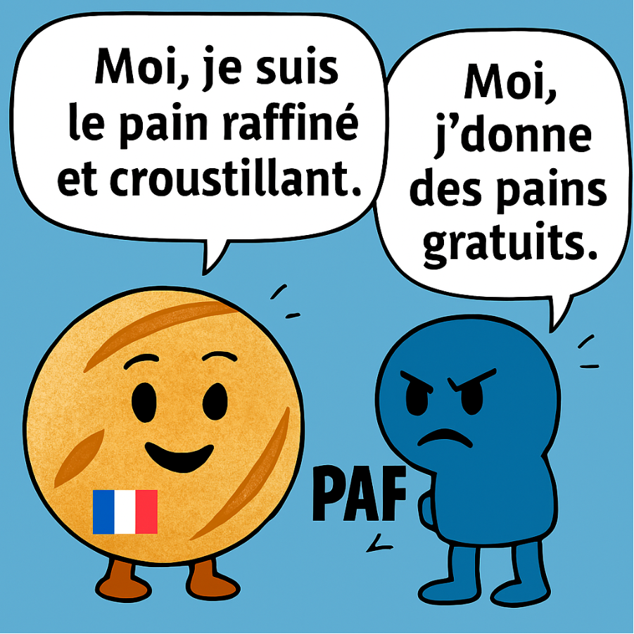 A baguette of bread on the left and a red boxing glove on the right, shown side by side to illustrate the two meanings of the word “pain”.