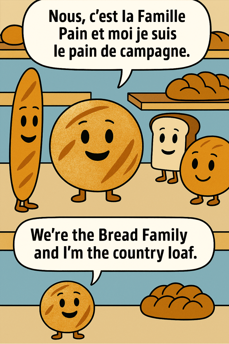 A round country bread stands with the Famille Pain inside a bakery, all smiling in a warm cartoon style.