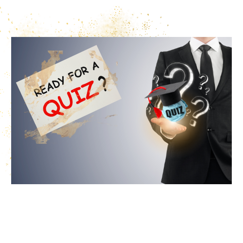 A man in a suit holds a glowing icon with a graduation cap and the word “QUIZ”, surrounded by question marks. On the left, a paper shows the text “Ready for a quiz?”. The background is blue with a yellow paint splash.