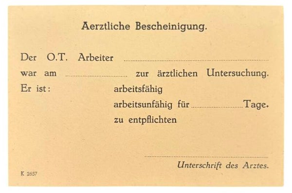Origineel WW2 Kaartje 'Aertzliche Bescheinigung' Nederlandse uitgave