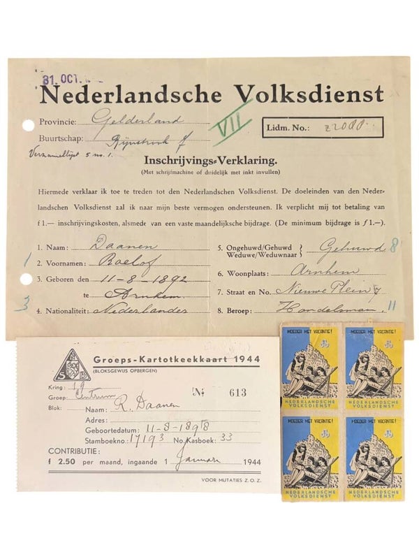 Originele WW2 Papierset 'Nederlandsche Volksdienst' R. Daanen - Provincie Gelderland