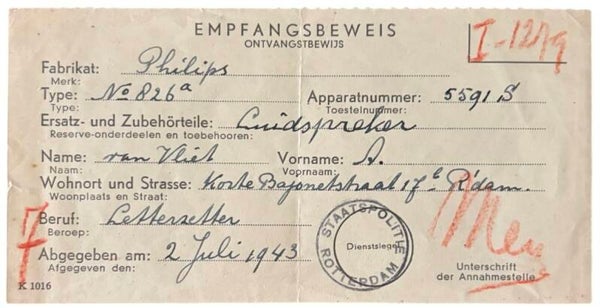 Origineel WW2 Kaartje 'Ontvangstbewijs Philips Luidspreker'