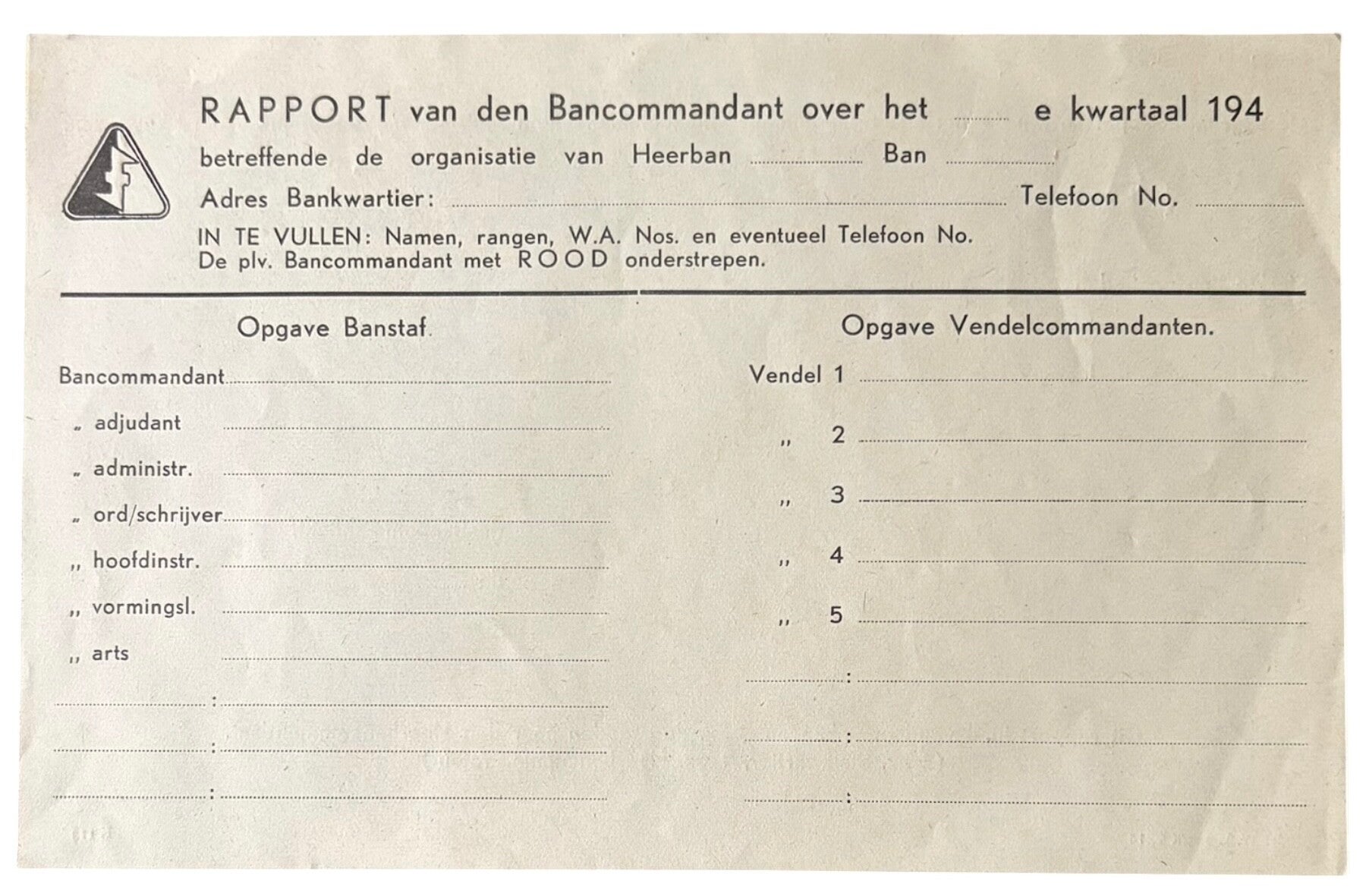 Origineel WW2 Formulier 'Rapport van den W.A. Bancommandant'