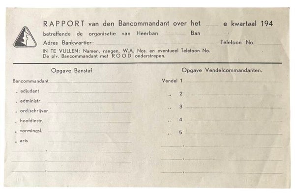 Origineel WW2 Formulier 'Rapport van den W.A. Bancommandant'
