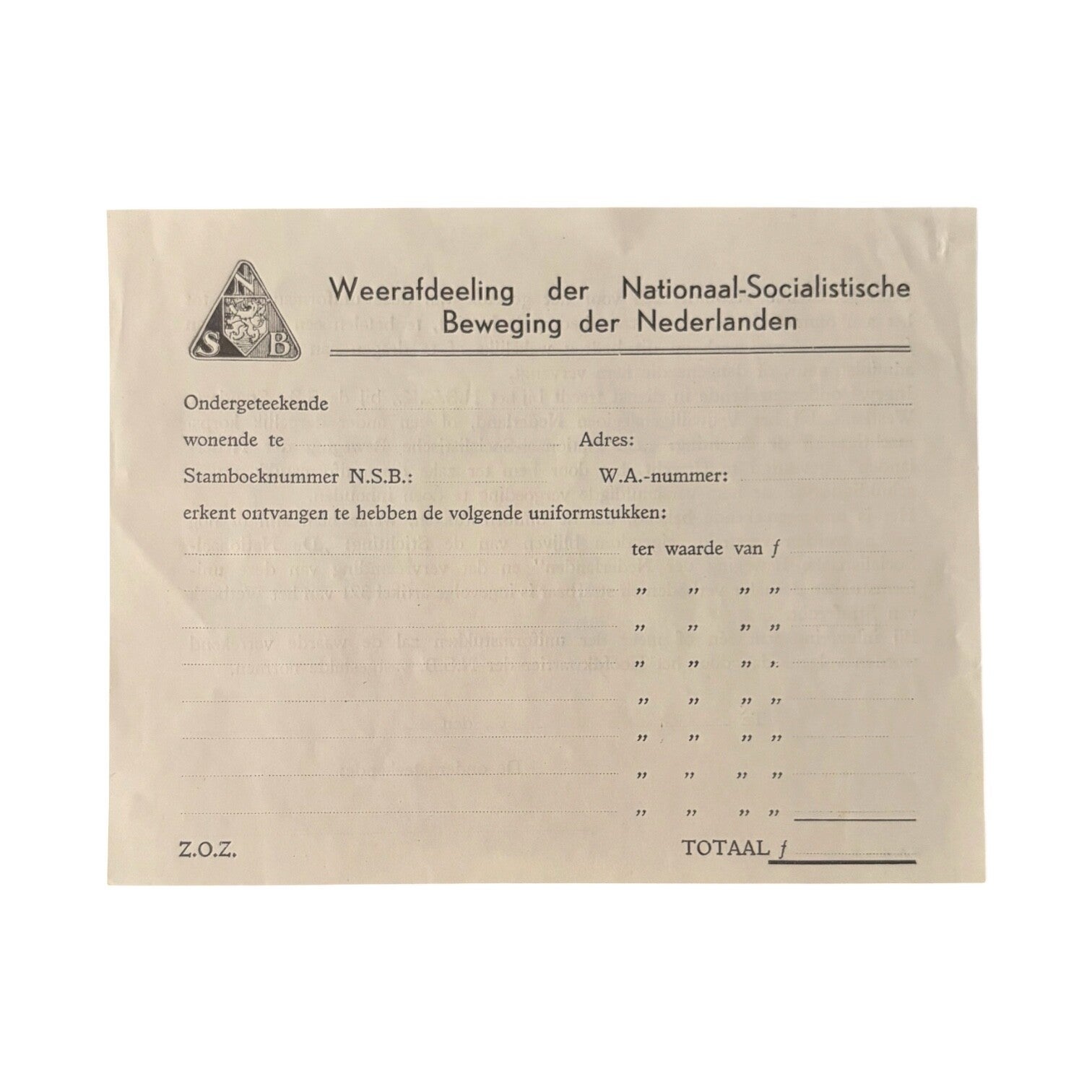 Formulier 'NSB Uniformstukken'