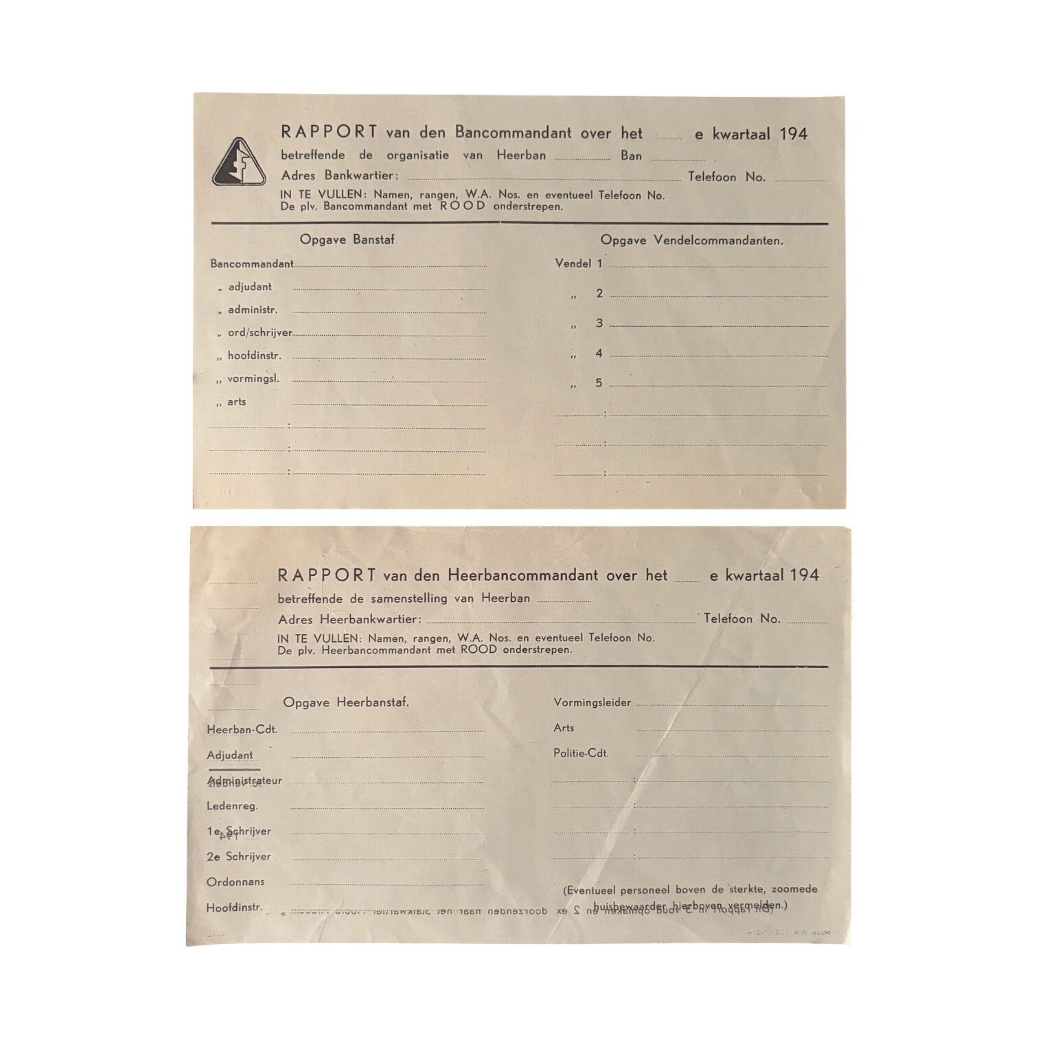 Formulier 'Rapport W.A. Bancommandant'