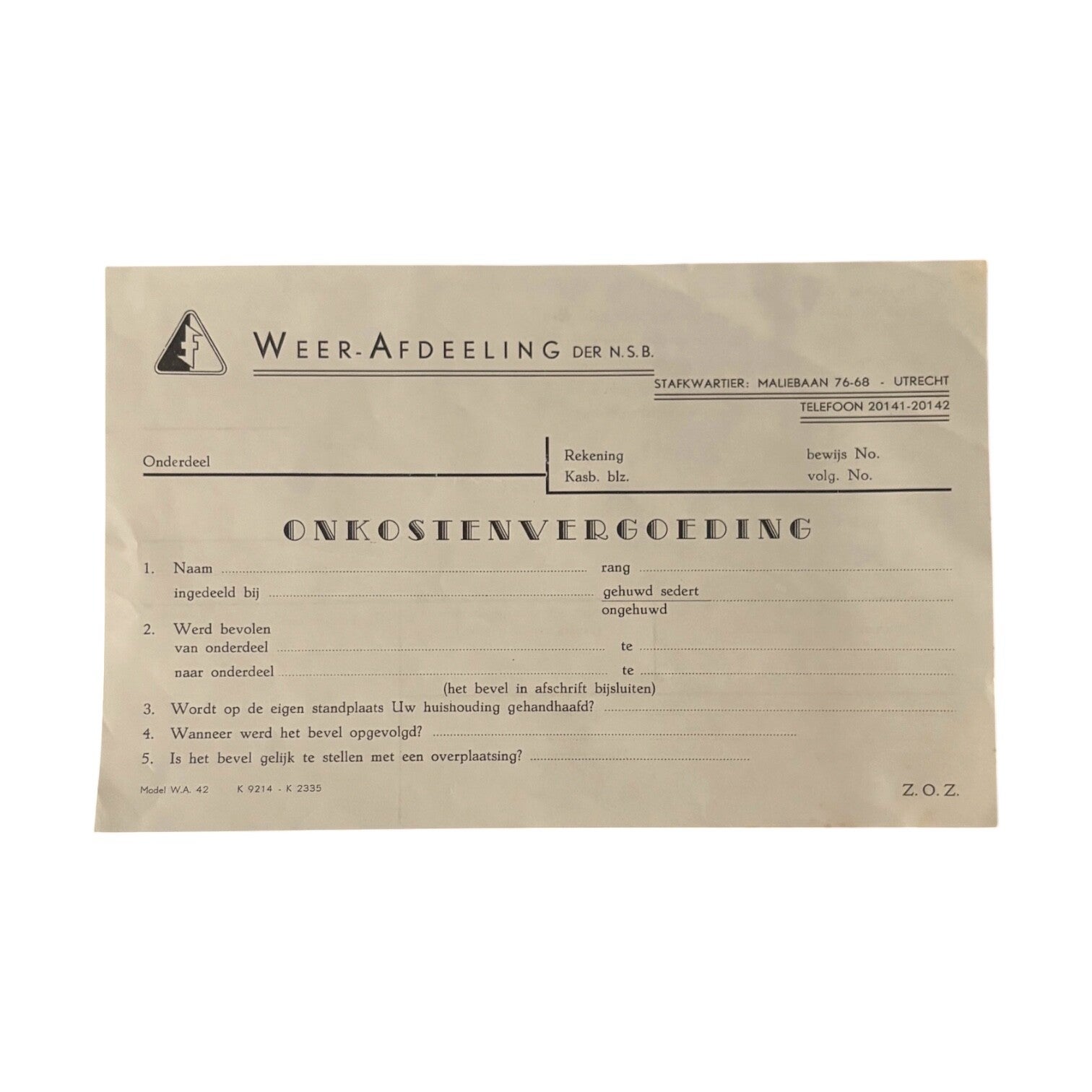 Formulier 'W.A. Onkostenvergoeding'
