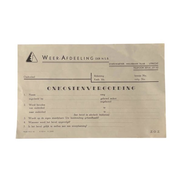Formulier 'W.A. Onkostenvergoeding'
