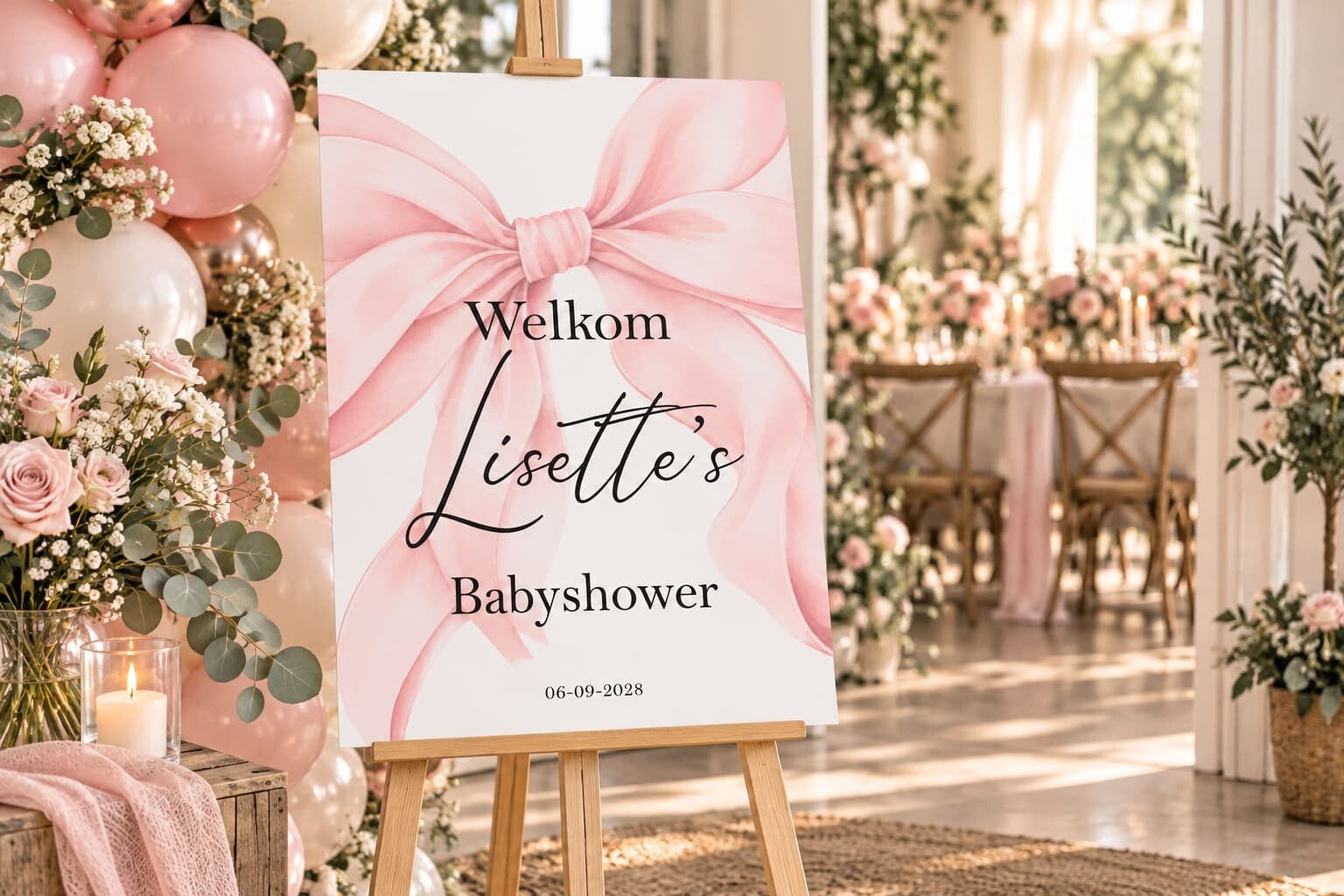 Gepersonaliseerd Welkomstbord Babyshower – Roze Strik