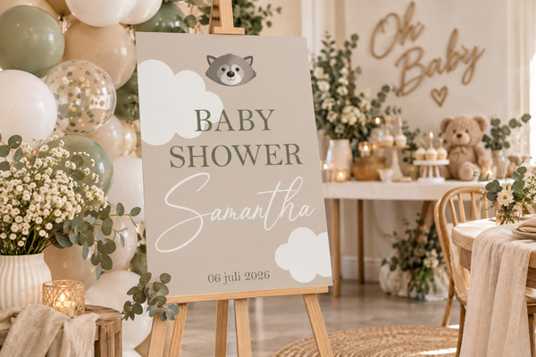 Gepersonaliseerd welkomstbord Babyshower – Wasbeer & Wolken