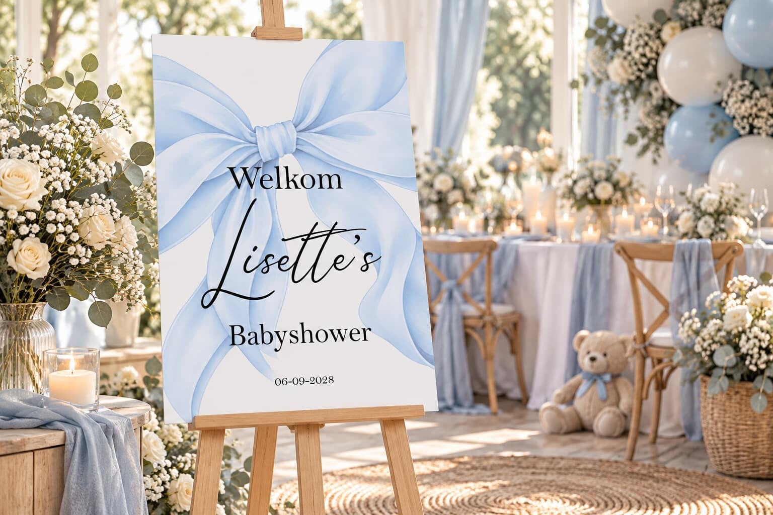 Gepersonaliseerd Welkomstbord Babyshower – Blauwe Strik