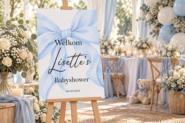 Gepersonaliseerd Welkomstbord Babyshower – Blauwe Strik