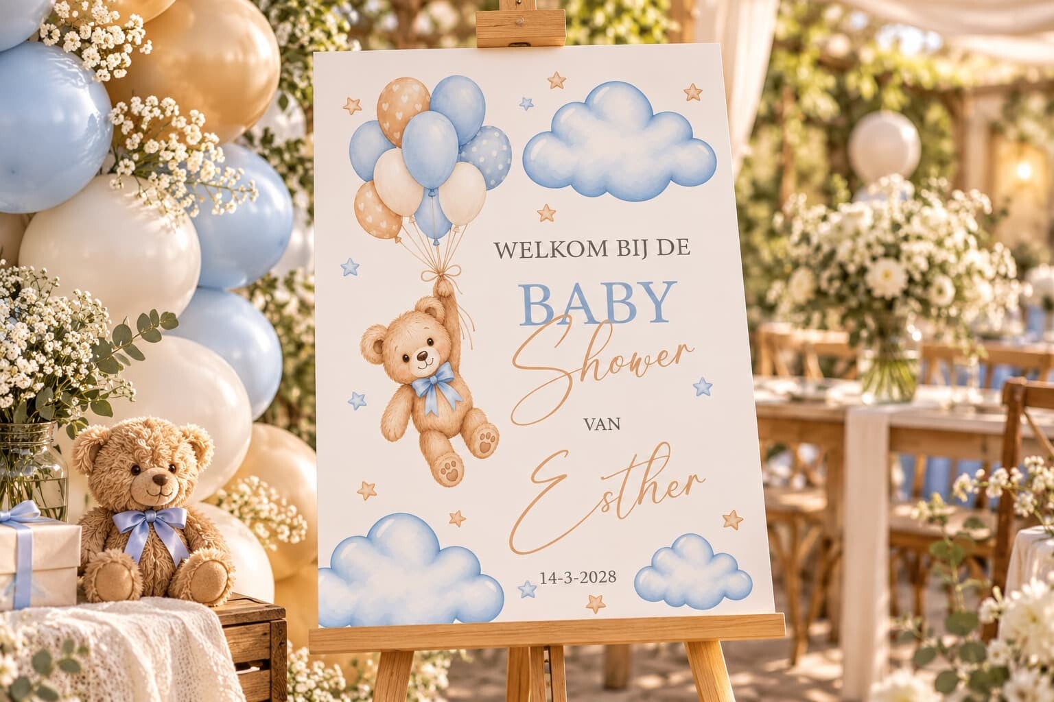 Gepersonaliseerd Welkomstbord Babyshower – Teddybeer & Ballonnen