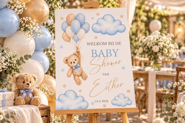 Gepersonaliseerd Welkomstbord Babyshower – Teddybeer & Ballonnen