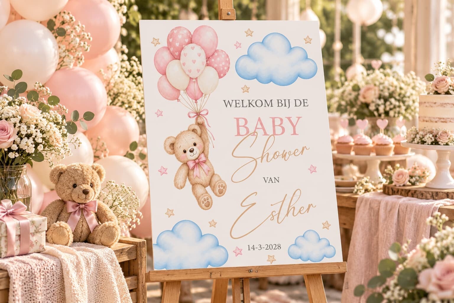 Gepersonaliseerd Welkomstbord Babyshower – Teddybeer & Roze Ballonnen
