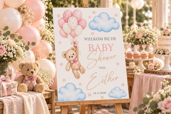 Gepersonaliseerd Welkomstbord Babyshower – Teddybeer & Roze Ballonnen