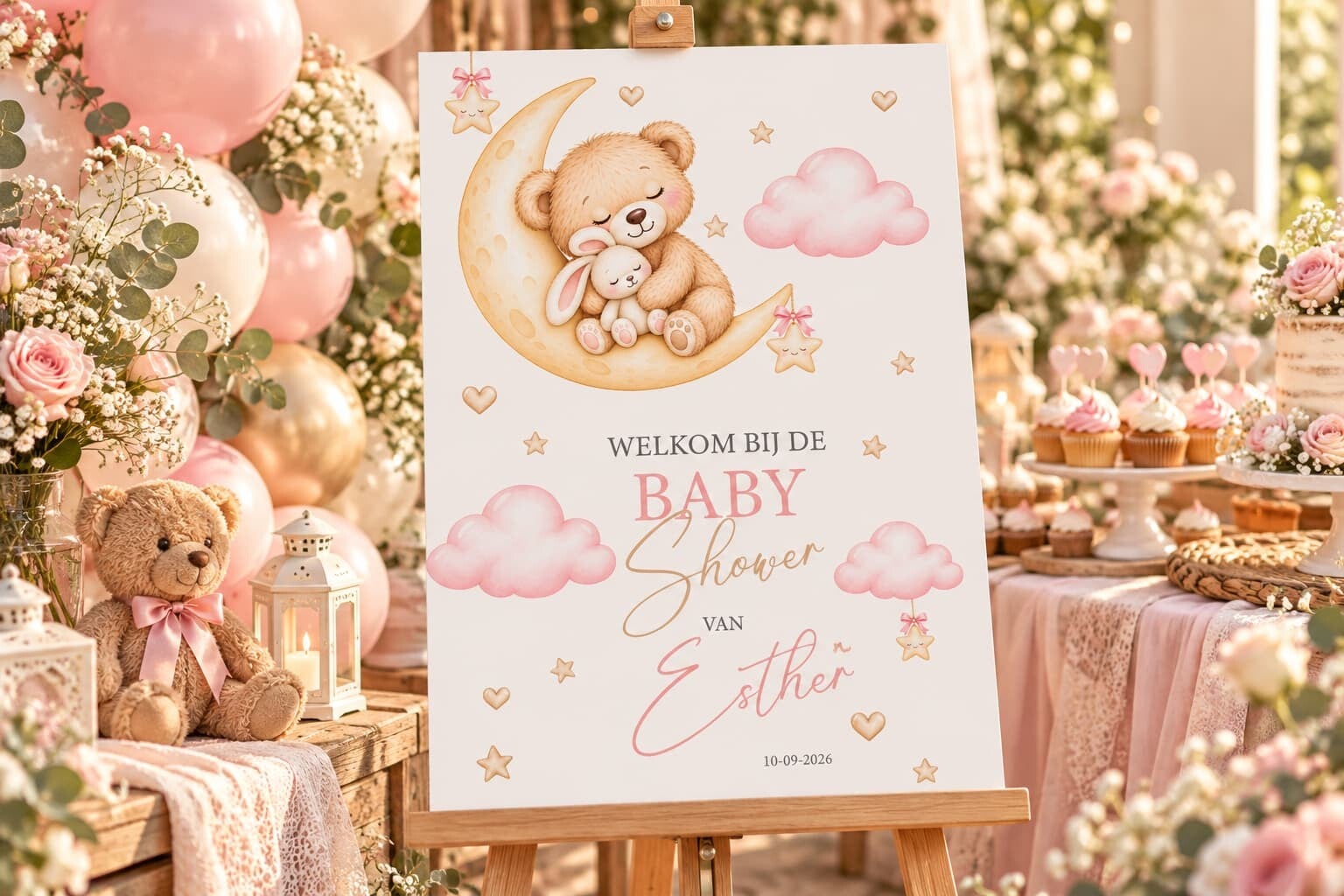 Gepersonaliseerd Welkomstbord Babyshower – Teddybeer & Maan