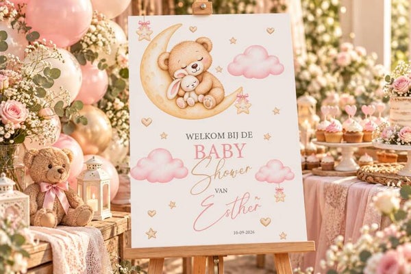 Gepersonaliseerd Welkomstbord Babyshower – Teddybeer & Maan