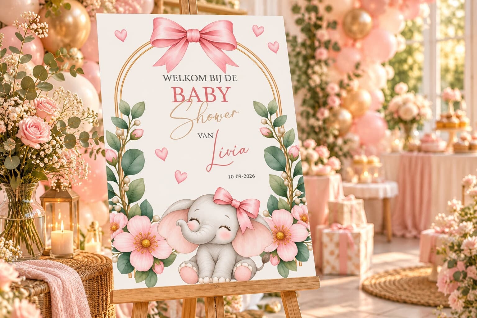 Gepersonaliseerd Welkomstbord Babyshower – Olifant & Bloemen
