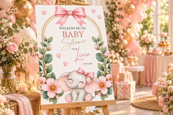 Gepersonaliseerd Welkomstbord Babyshower – Olifant & Bloemen