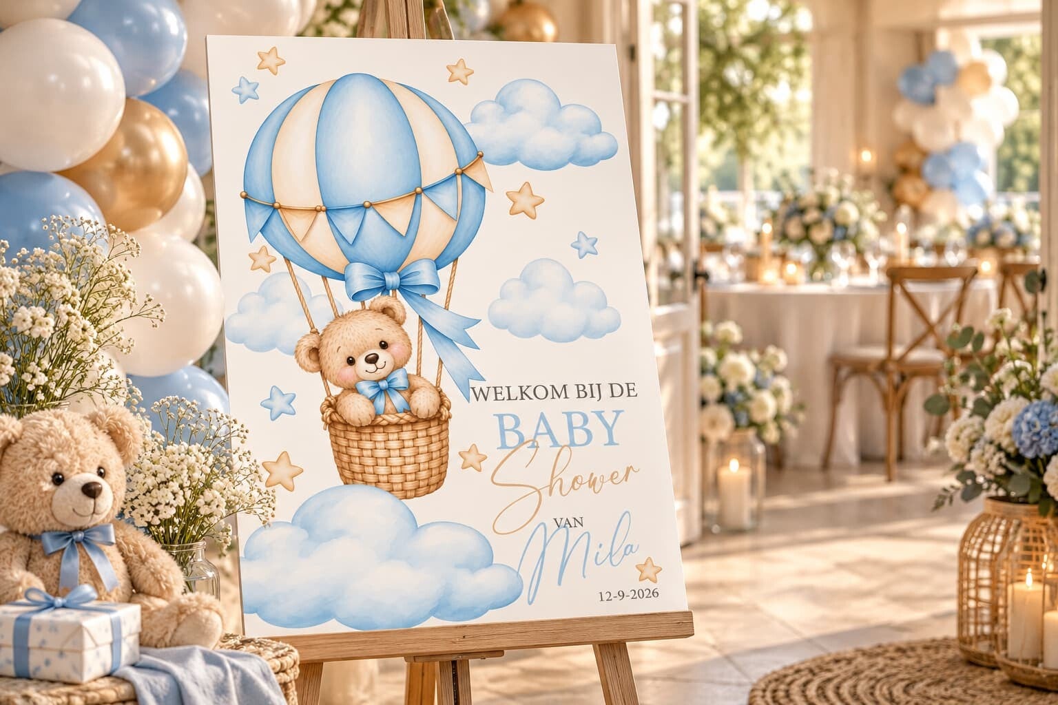 Gepersonaliseerd Welkomstbord Babyshower – Teddybeer in Luchtballon