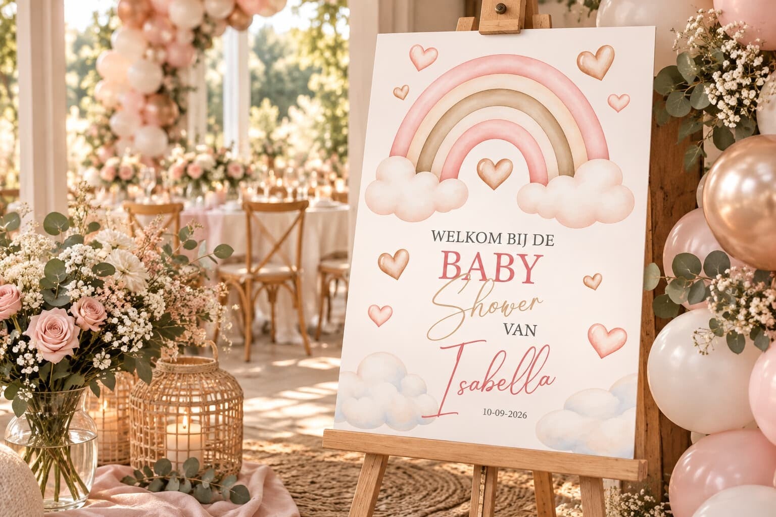 Gepersonaliseerd Welkomstbord Babyshower – Roze Regenboog