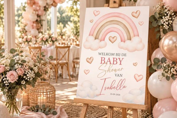 Gepersonaliseerd Welkomstbord Babyshower – Roze Regenboog
