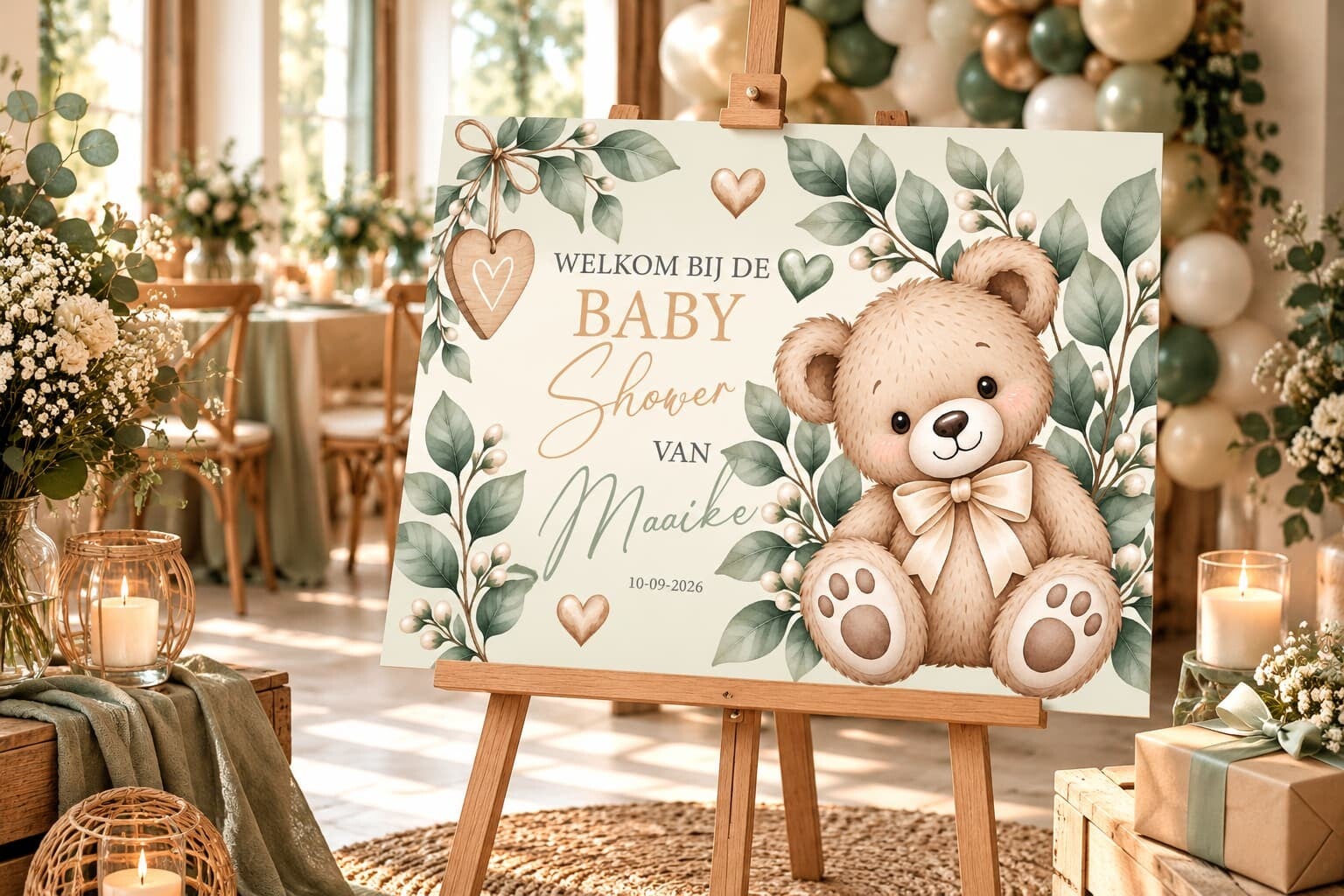 Gepersonaliseerd Welkomstbord Babyshower – Teddybeer & Groen