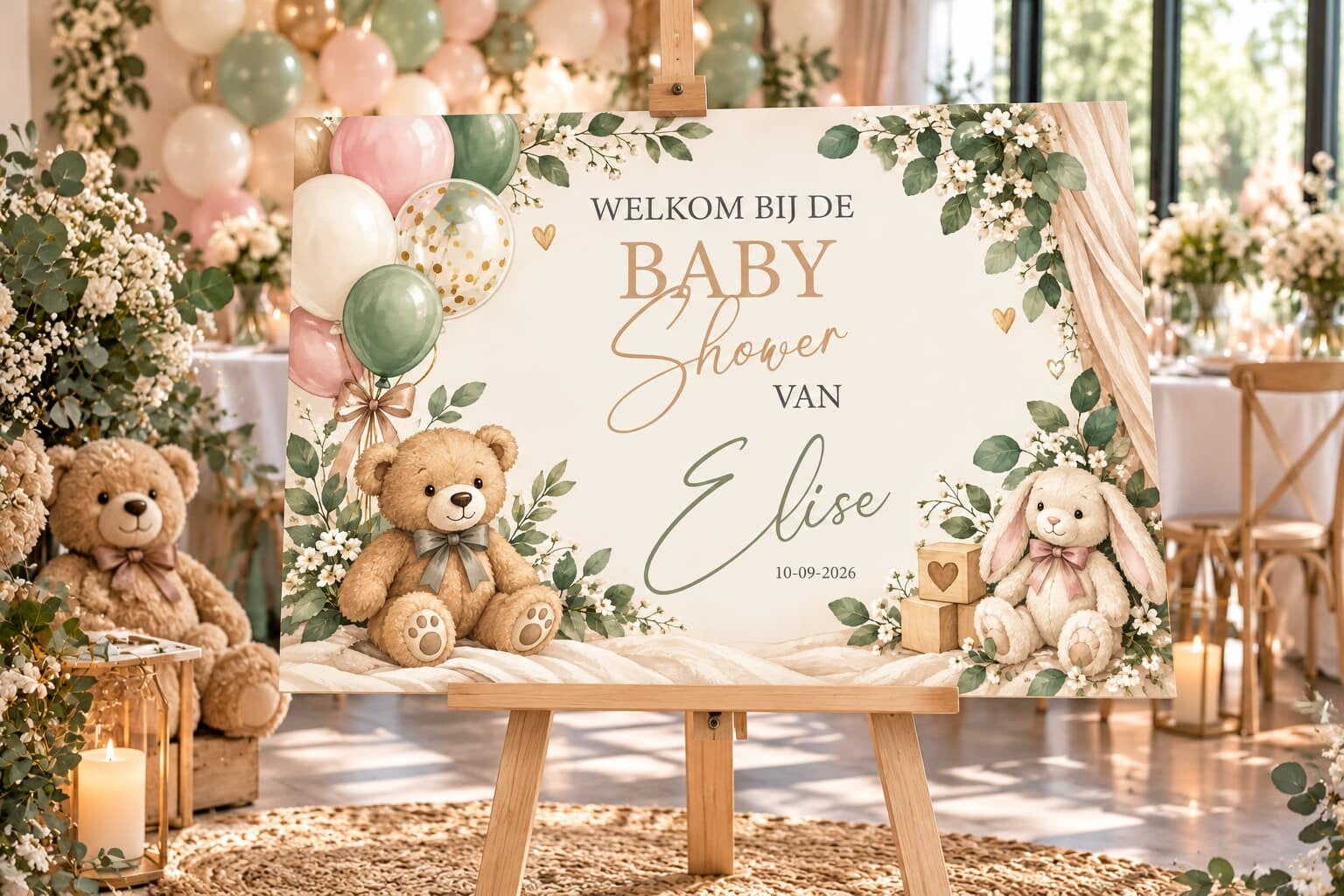 Gepersonaliseerd Welkomstbord Babyshower – Teddybeer & Konijntje