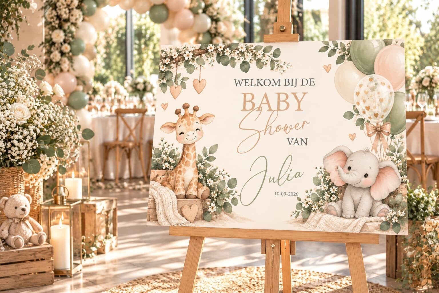 Gepersonaliseerd Welkomstbord Babyshower – Giraf & Olifant