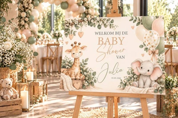 Gepersonaliseerd Welkomstbord Babyshower – Giraf & Olifant