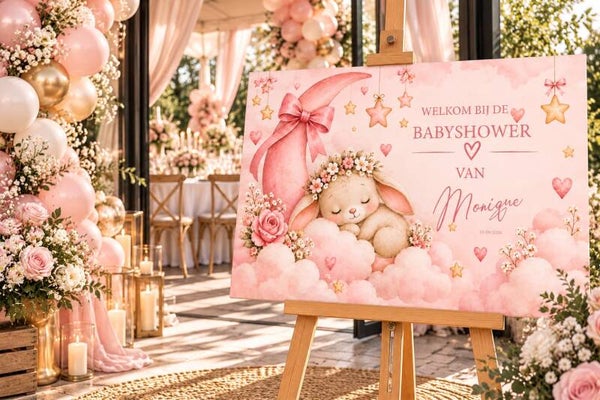 Gepersonaliseerd Welkomstbord Babyshower – Konijntje & Roze Maan