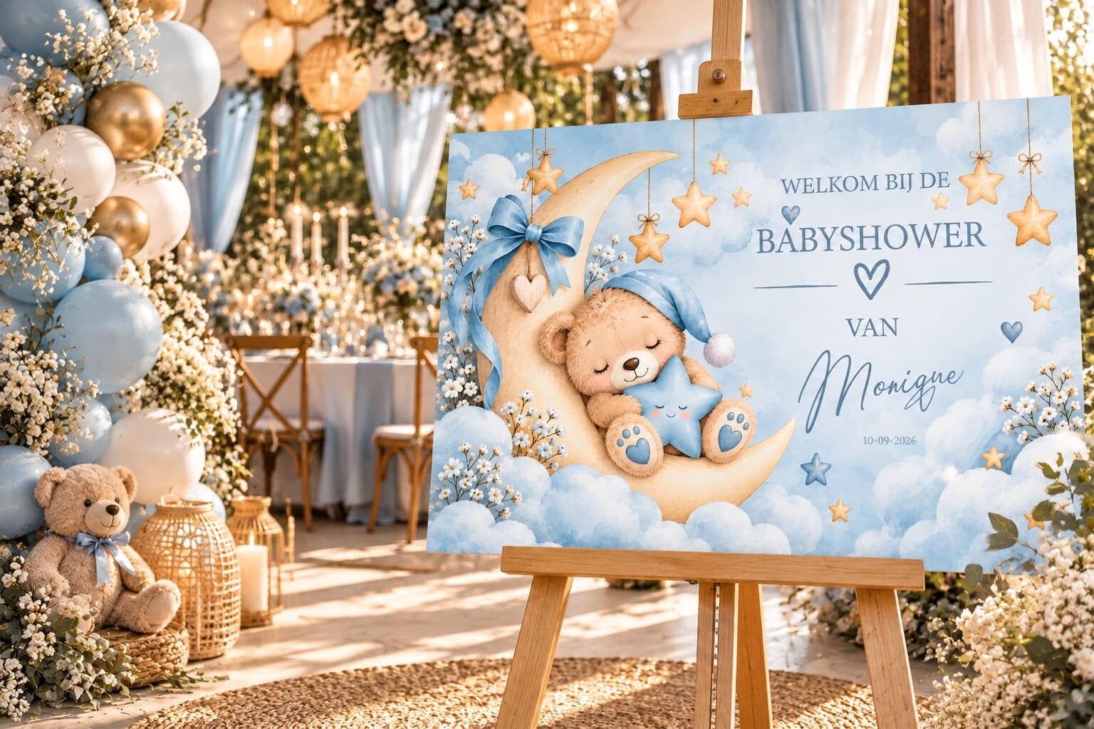 Gepersonaliseerd Welkomstbord Babyshower – Teddybeer & Blauwe Maan
