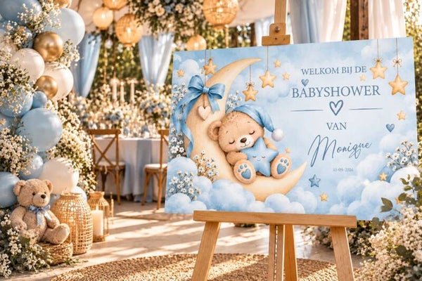 Gepersonaliseerd Welkomstbord Babyshower – Teddybeer & Blauwe Maan