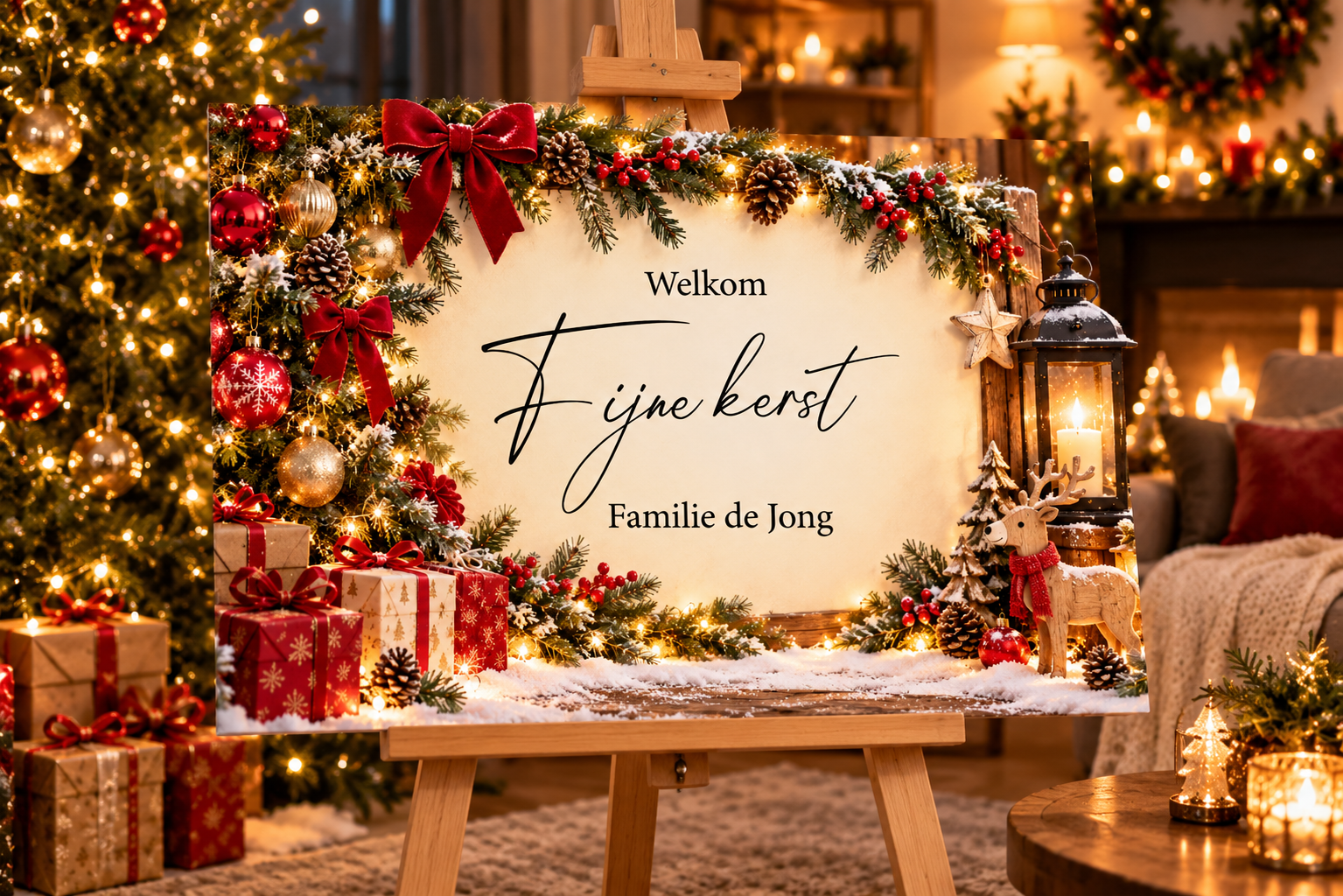 Kerst welkomstbord Klassiek Rood – Gepersonaliseerd met familienaam