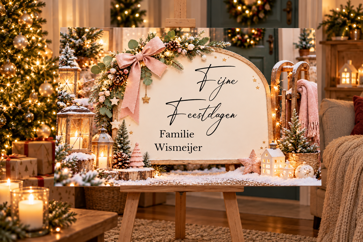 Kerst welkomstbord Winter Roze – Gepersonaliseerd met familienaam