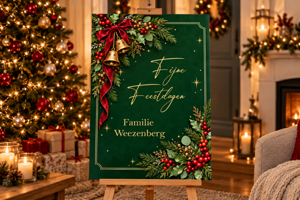 Kerst welkomstbord Elegant Groen & Goud – Gepersonaliseerd met familienaam