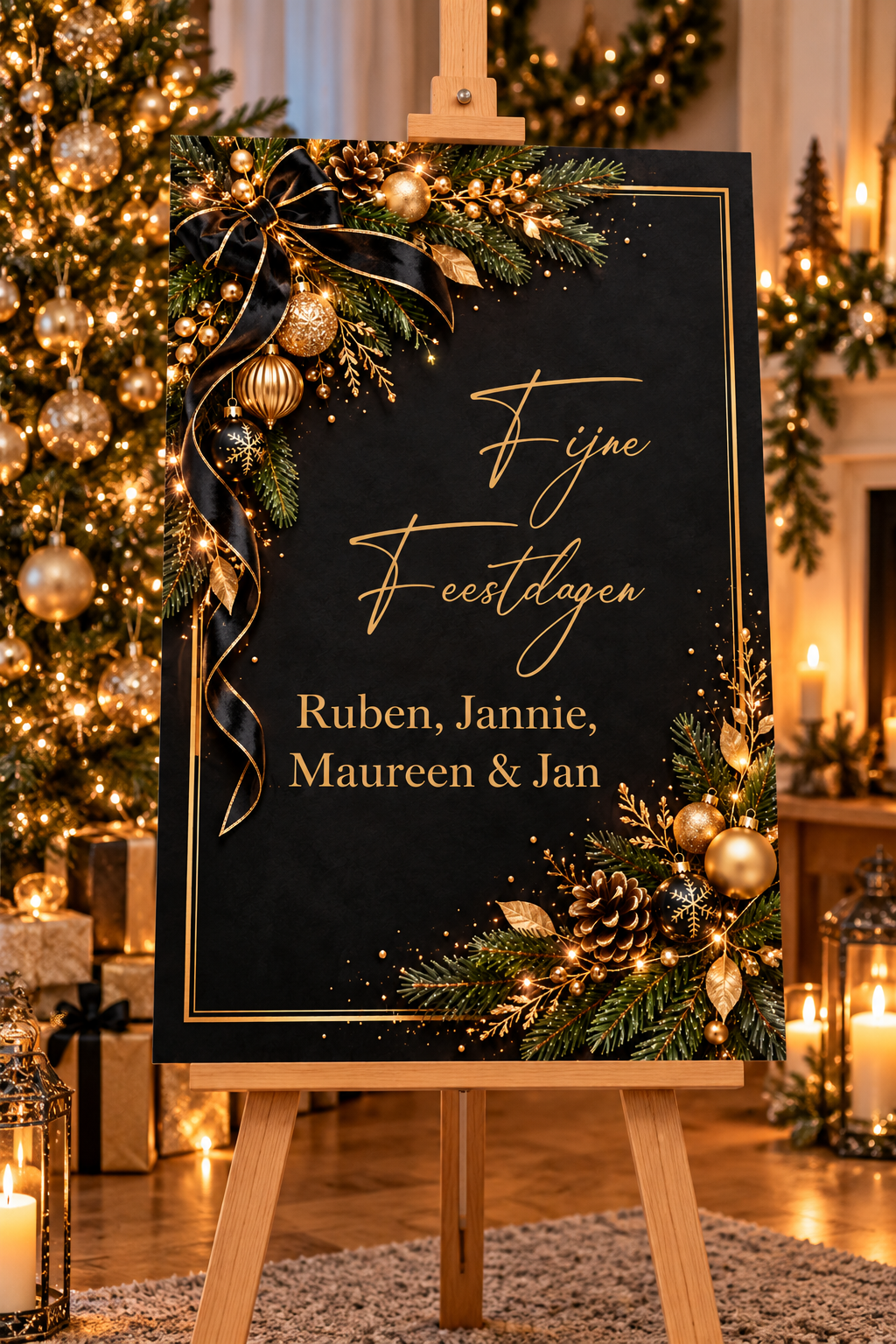 Kerst welkomstbord Zwart & Goud – Gepersonaliseerd met namen