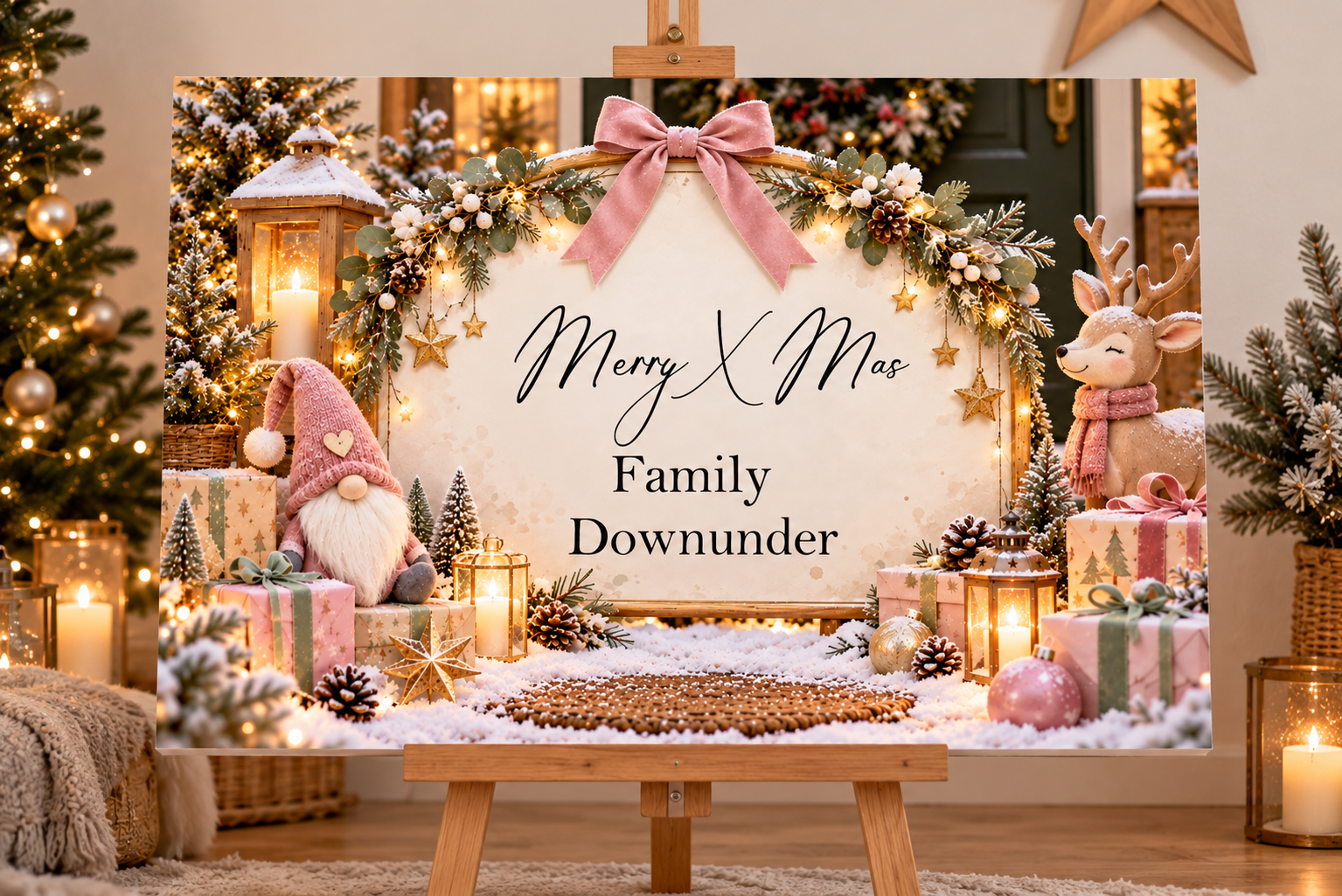 Kerst welkomstbord Roze Kerst – Gepersonaliseerd met familienaam