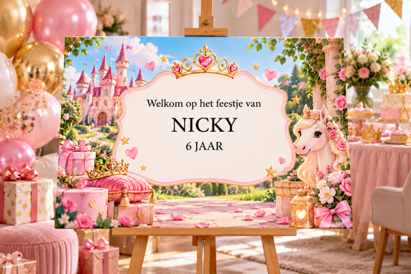 Kinderfeestje welkomstbord Prinses – Gepersonaliseerd met naam & leeftijd